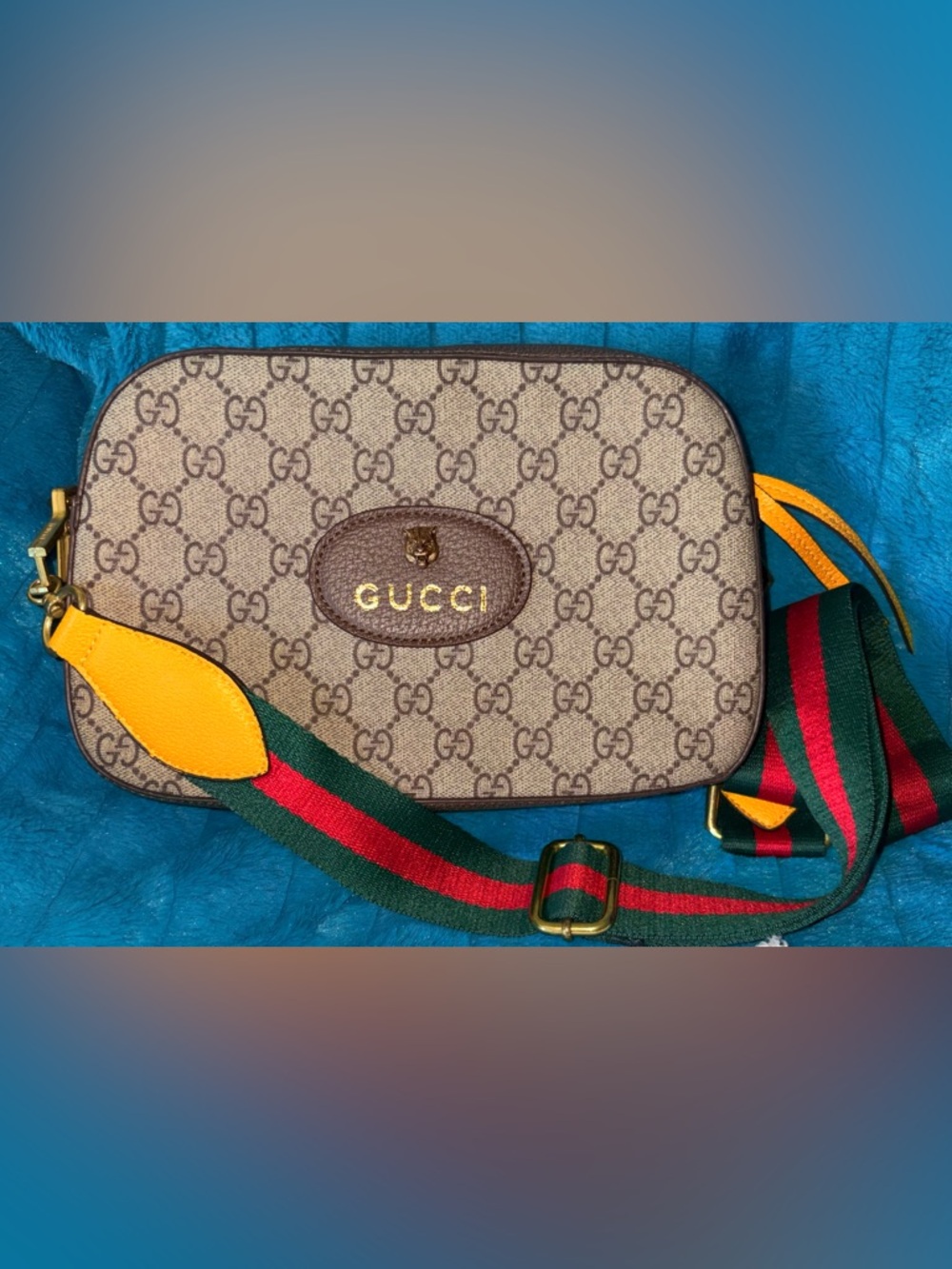 Gucci Beige Brown GG Supreme Crossbody with Green-Red Web Strap